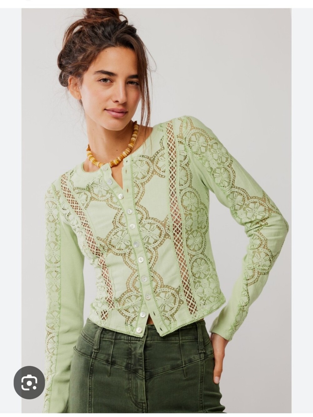 NWT Free People Light Green Lace Panel Button-Down Shirt